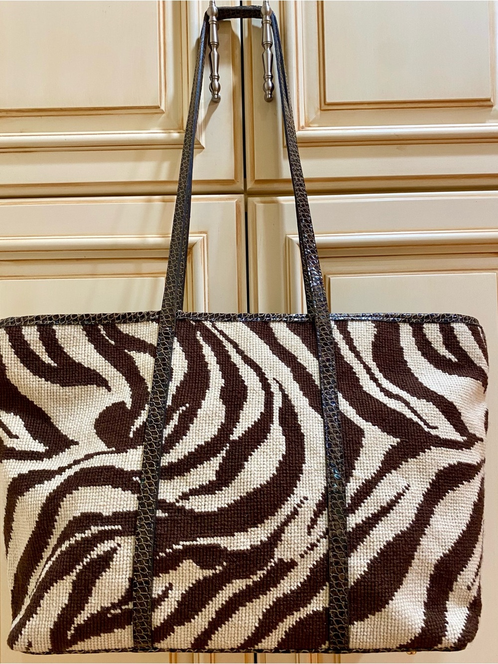 Cleve Carriage Brown and White Zebra Print Needlepoint Satchel, Rare Find!